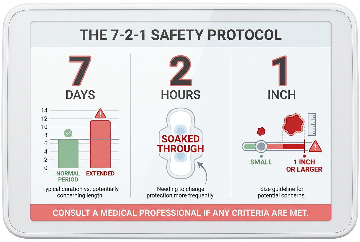 Medical alert infographic explaining the 7-2-1 rule: periods longer than 7 days, soaking pads every 2 hours, or clots over 1 inch.