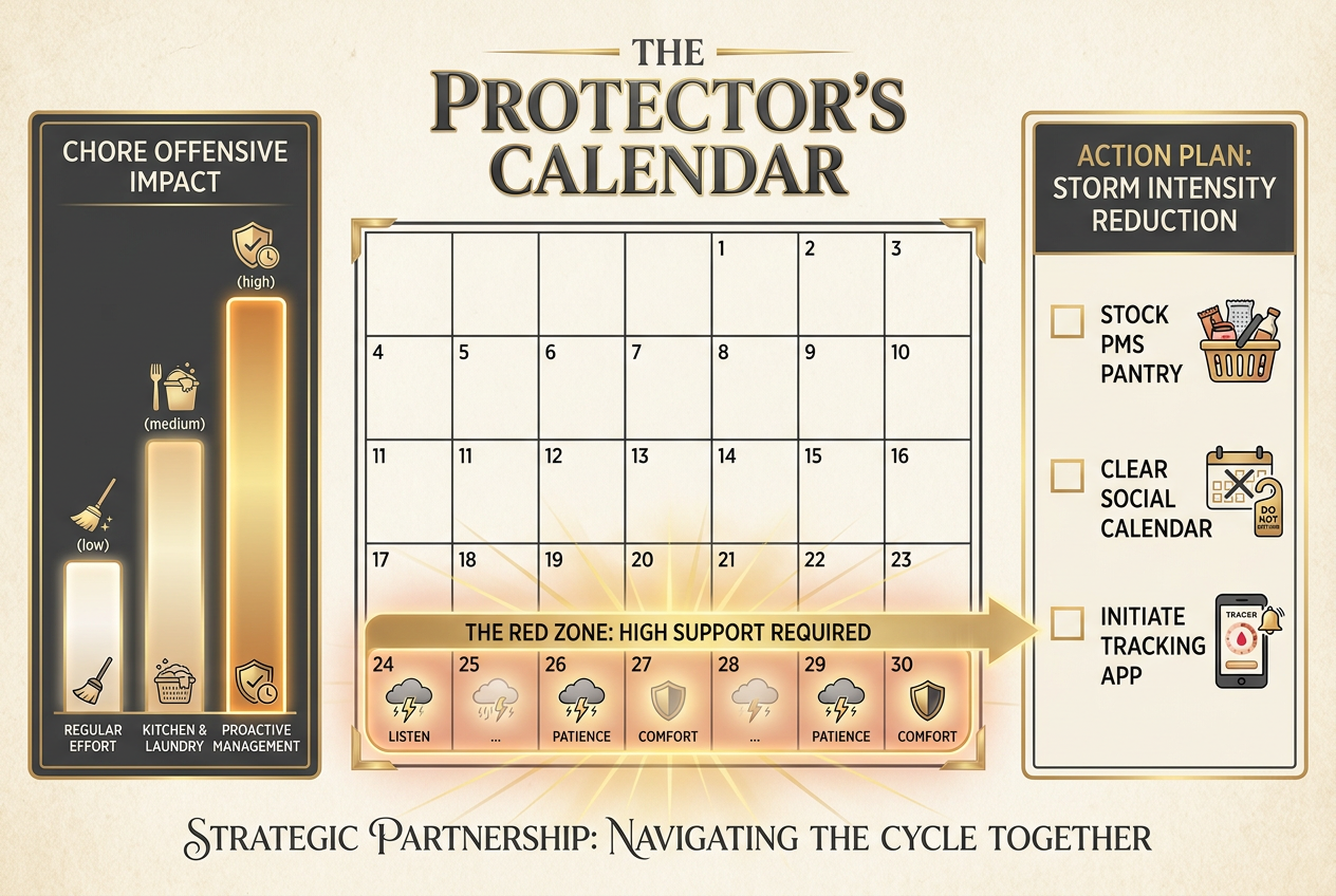 A relationship management calendar highlighting the ’Red Zone’ support window and the impact of proactive chore management.
