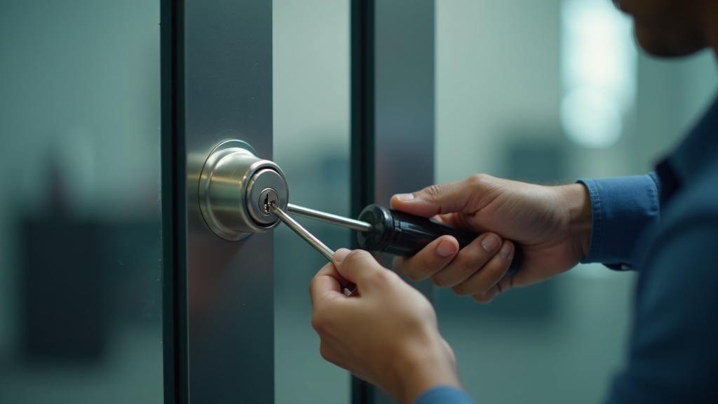 Locksmith changing commercial door locks at a business entrance