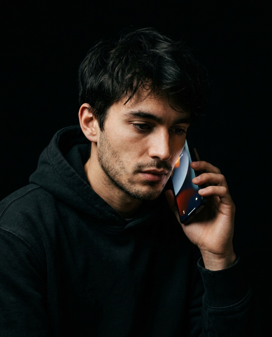 Jeune homme regardant son téléphone, ambiance cinématographique