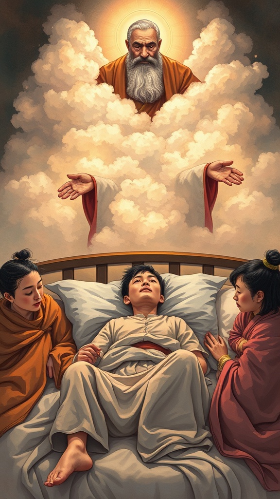 A dramatic painted scene of Hong's fever dream: a young man lying on a bed surrounded by family, while above him in clouds a bearded old man and a middle-aged man in robes look down — Chinese-Christian visual fusion