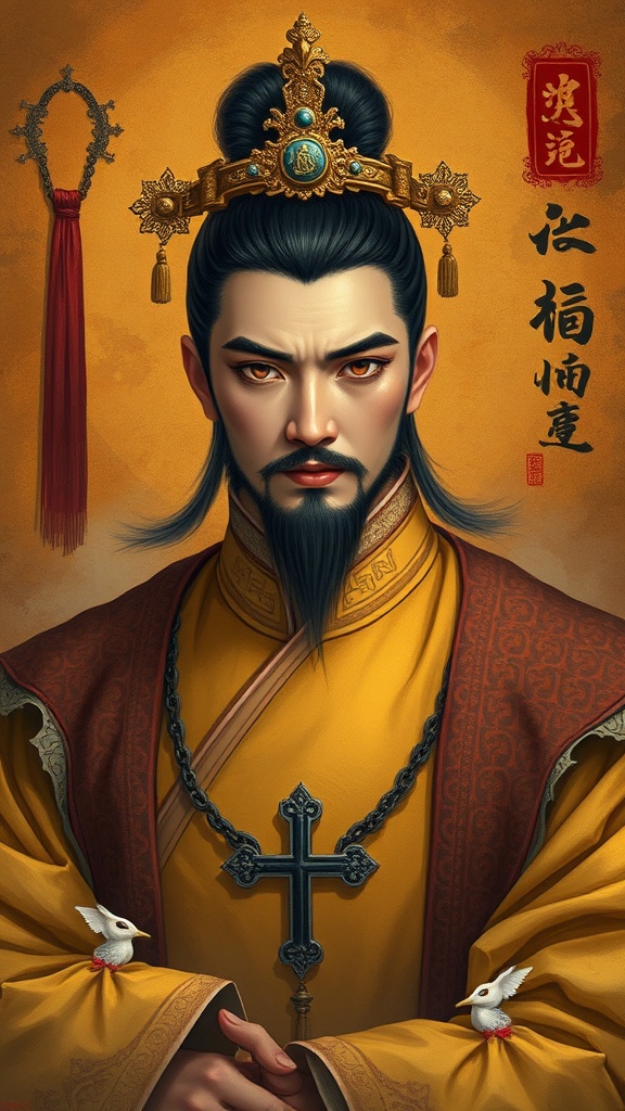 Portrait-style painting of Hong Xiuquan in his Heavenly King robes: yellow dragon robes, intense dark eyes, surrounded by symbols mixing Chinese imperial iconography with crosses