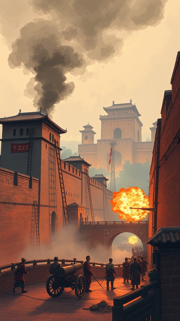 Nanjing's massive Ming-era city walls under siege: smoke, scaling ladders, cannon fire, the scale of the fortifications dwarfing the human figures
