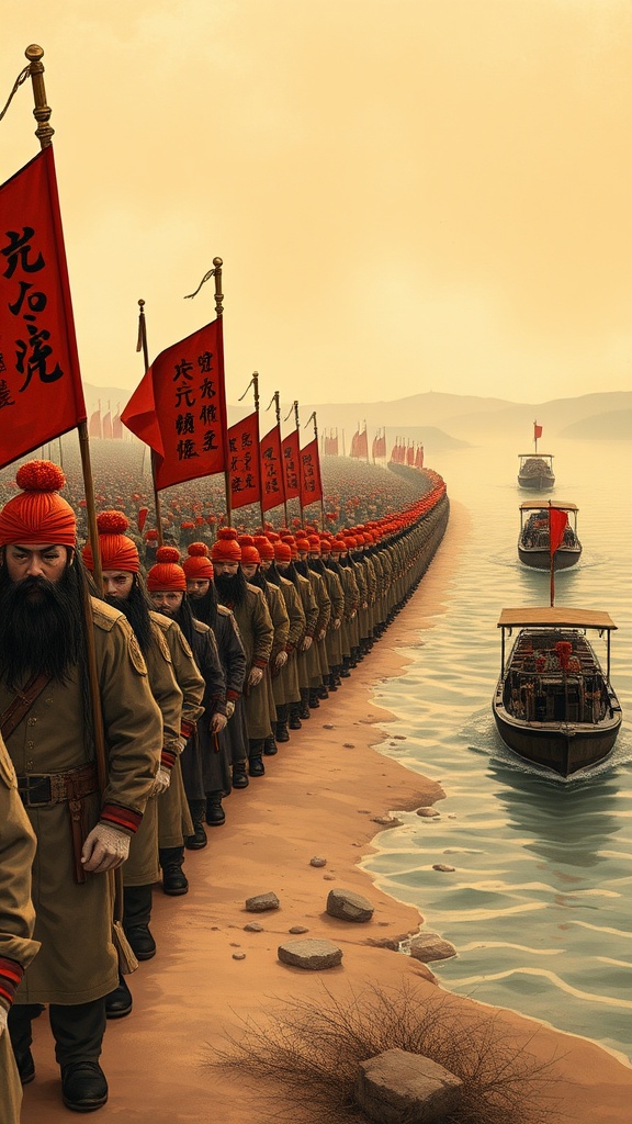 The Taiping army on the march along the Yangtze: long-haired soldiers in red turbans (no Manchu queue), banners with Chinese characters, a vast column stretching to the horizon, riverboats accompanying them