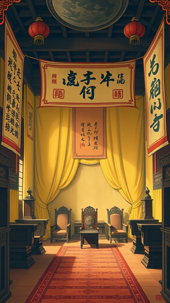 Interior of the Heavenly King's palace in Nanjing: opulent thrones, yellow silk, calligraphic banners with Taiping scripture, an unsettling mix of imperial Chinese and pseudo-Christian symbols