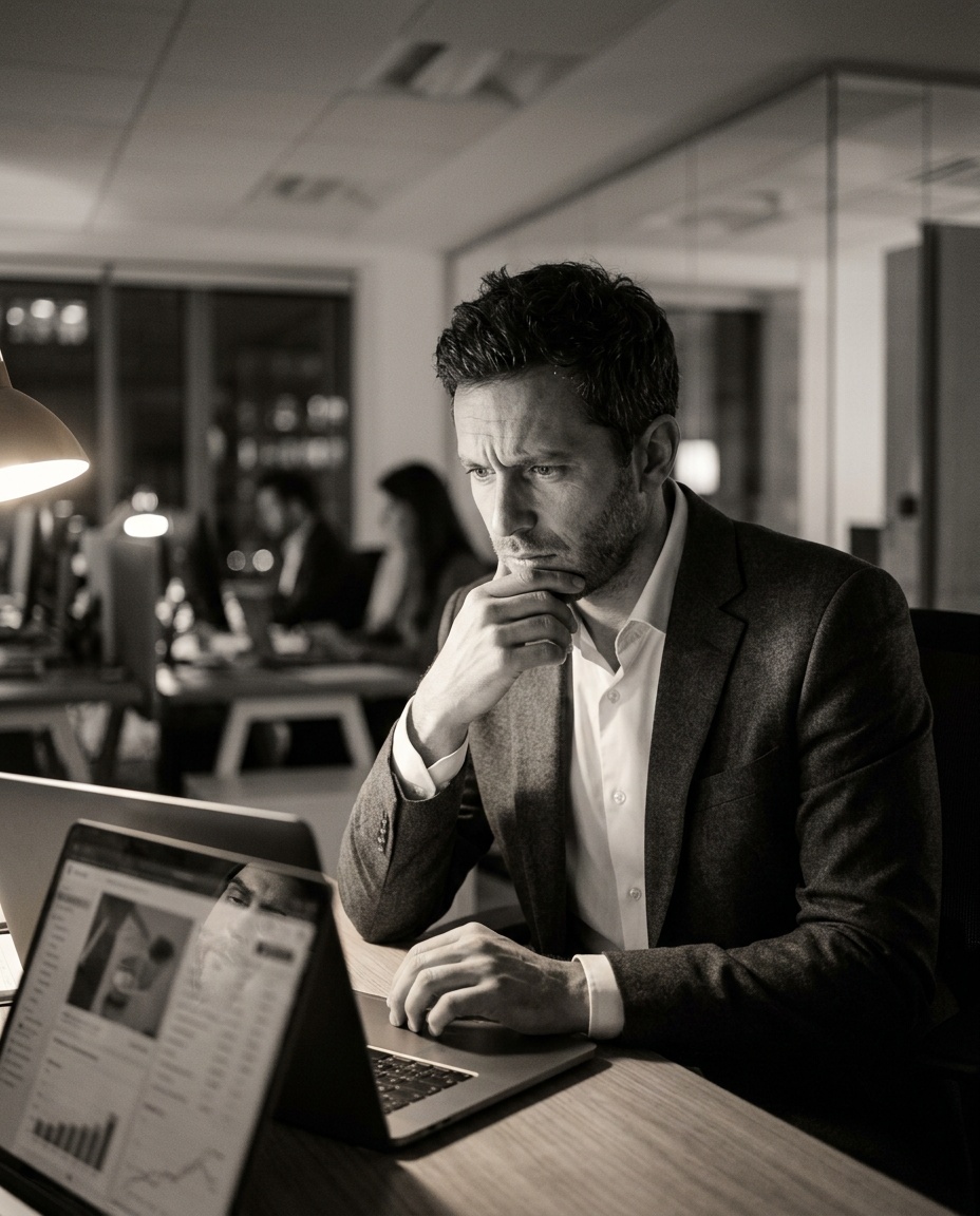 Un consultant scrute ses statistiques Instagram avec inquiétude