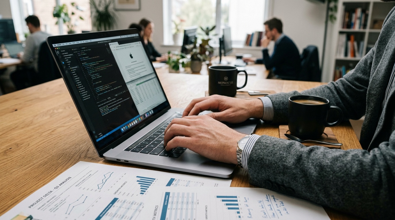 Mains sur clavier Mac, analyse de statistiques de campagne publicitaire