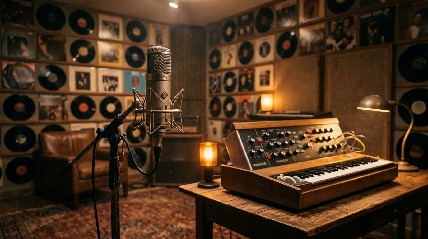 Studio d'enregistrement vide, lumière tamisée