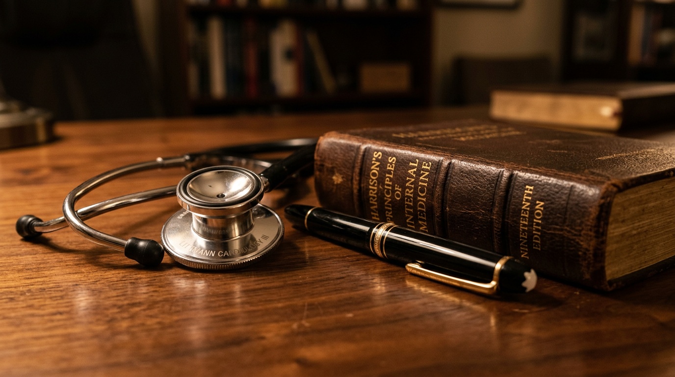 Stéthoscope, stylo Montblanc et livre de référence médicale sur un bureau