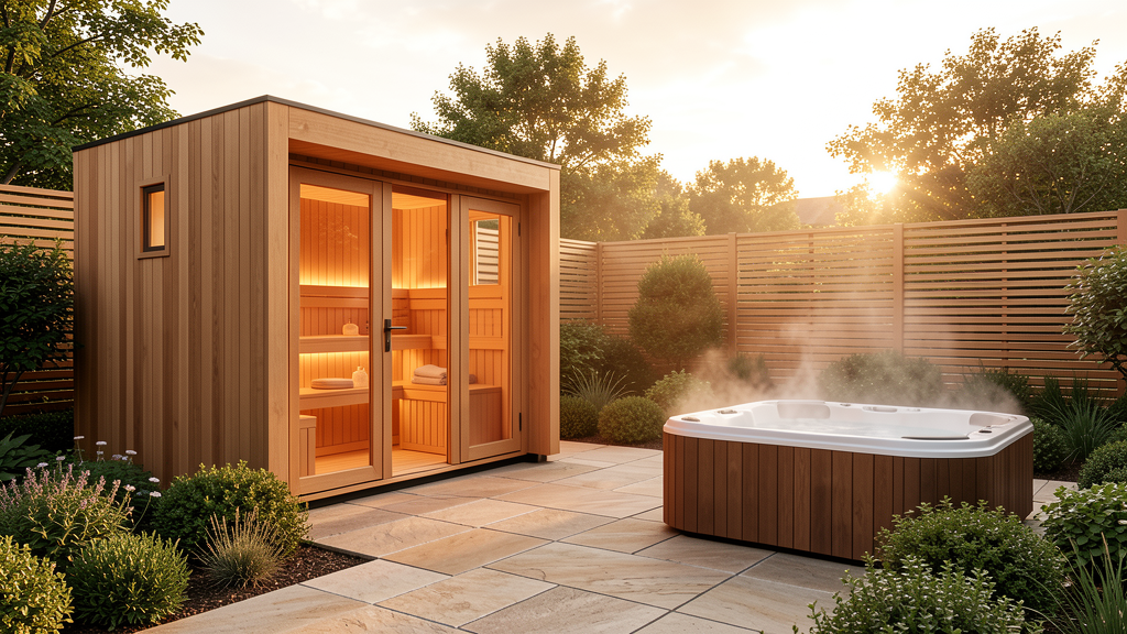 Cedar sauna and backyard spa retreat at golden hour
