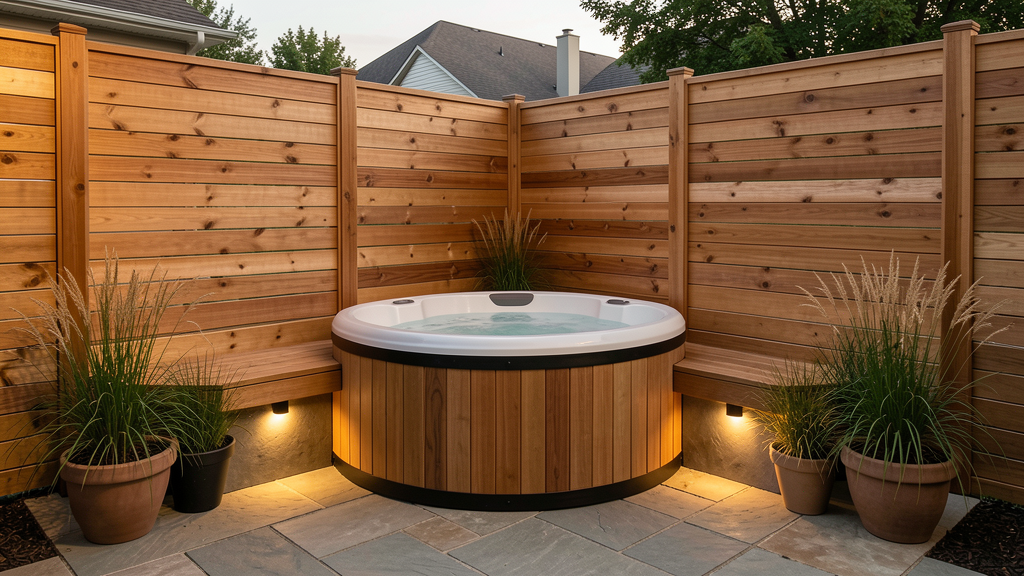 Compact backyard cold plunge and privacy screen idea