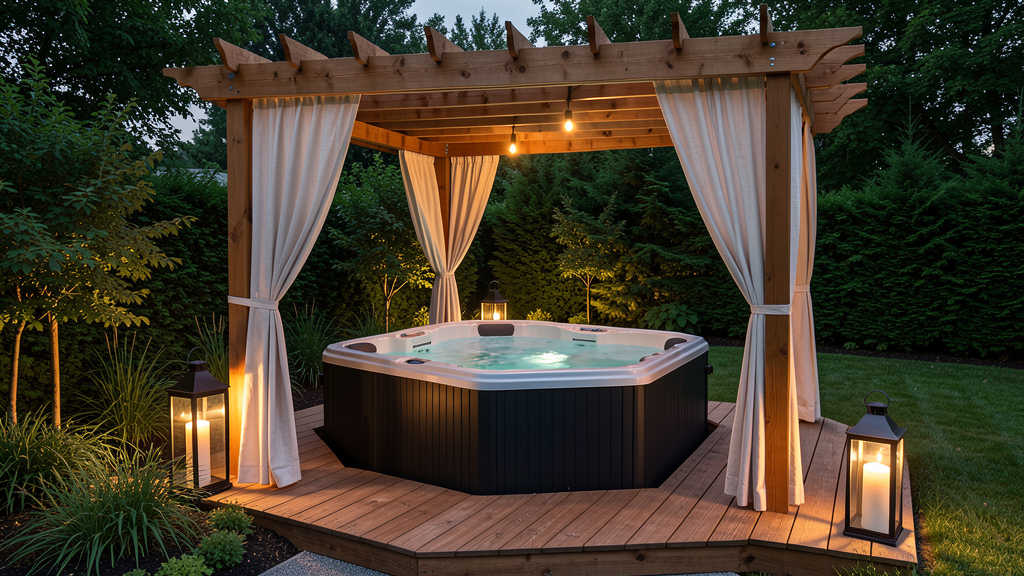 Private backyard hot tub with cedar pergola and warm lighting