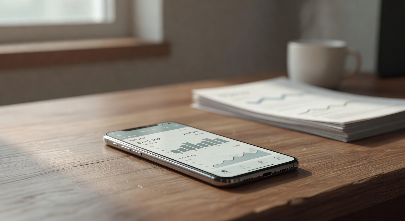 smartphone screen showing credit score app dashboard on a wooden desk