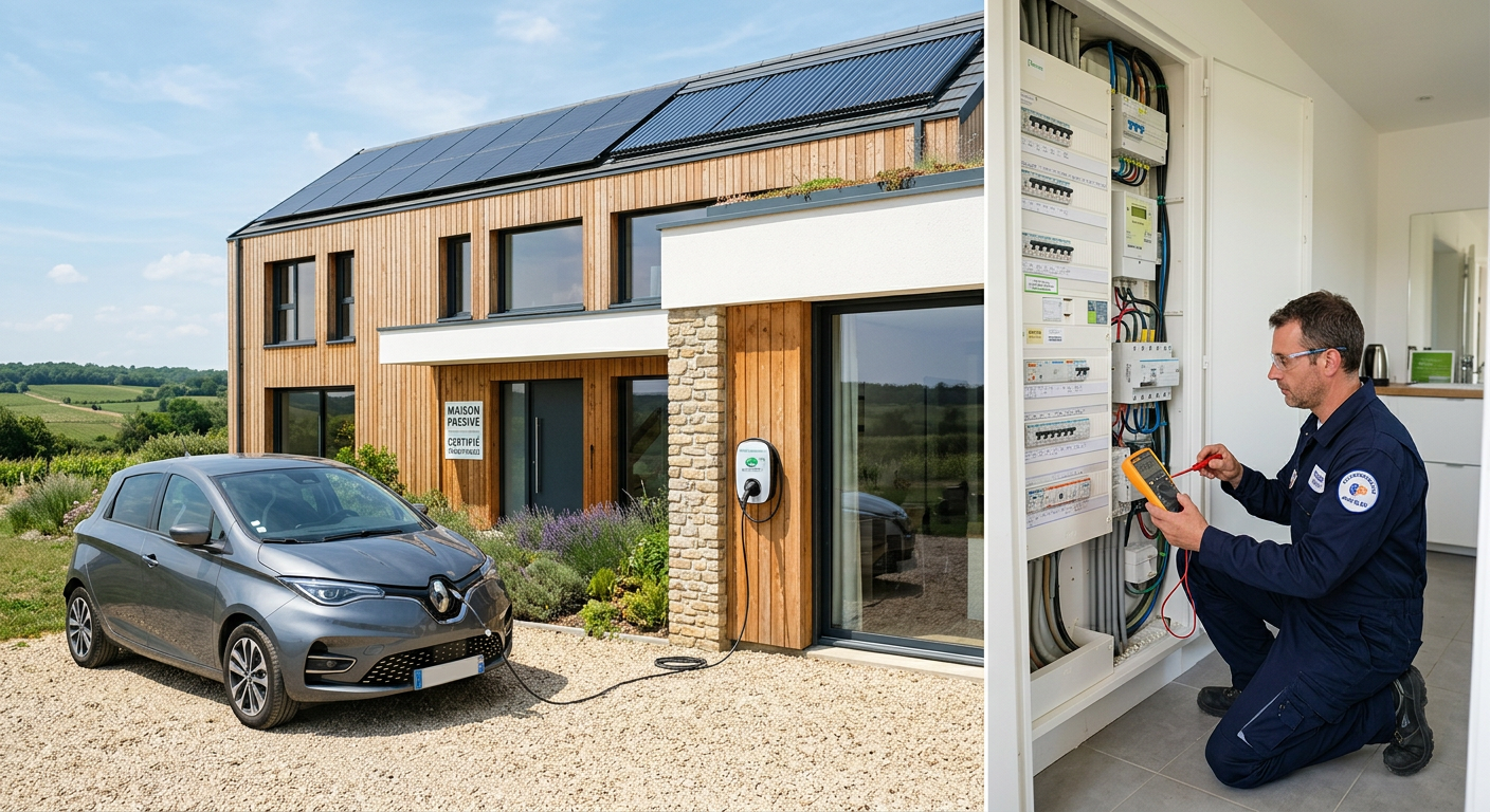 Maison passive avec une borne de recharge électrique IRVE murale pour véhicule électrique et un installateur vérifiant le tableau électrique.
