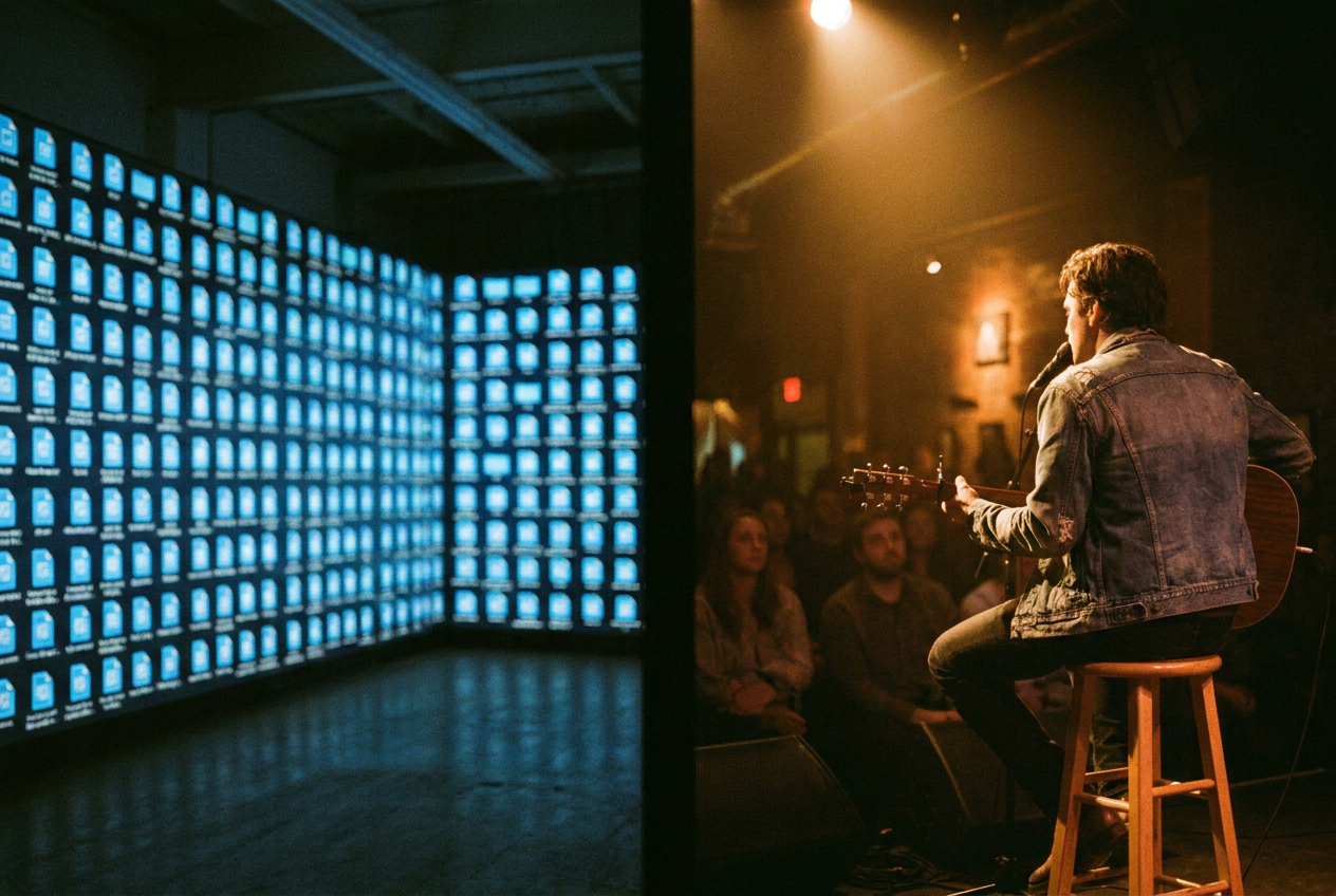 A split-screen visualization showing a tsunami of identical digital music file icons on the left side, versus a single person sitting with a guitar on the right side, bathed in warm spotlight. The left side is cold, blue, and mechanical. The right side is warm, amber, and intimate.