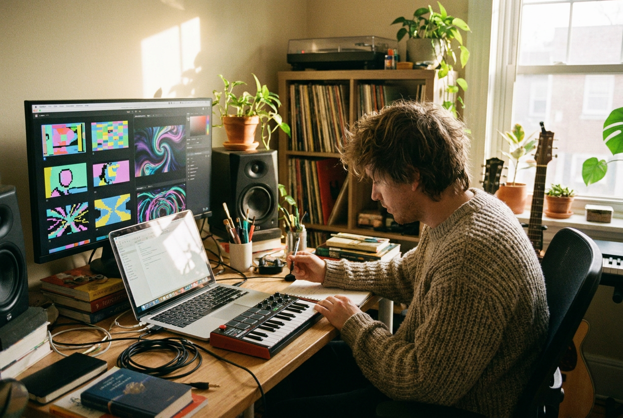 A musician in a modern home studio using a laptop and MIDI keyboard, with AI-generated visual elements floating on a large monitor behind them — colorful abstract patterns, storyboard frames for a music video. The scene is warm and creative, showing technology serving the human creator rather than replacing them. Plants and vinyl records visible in the background.