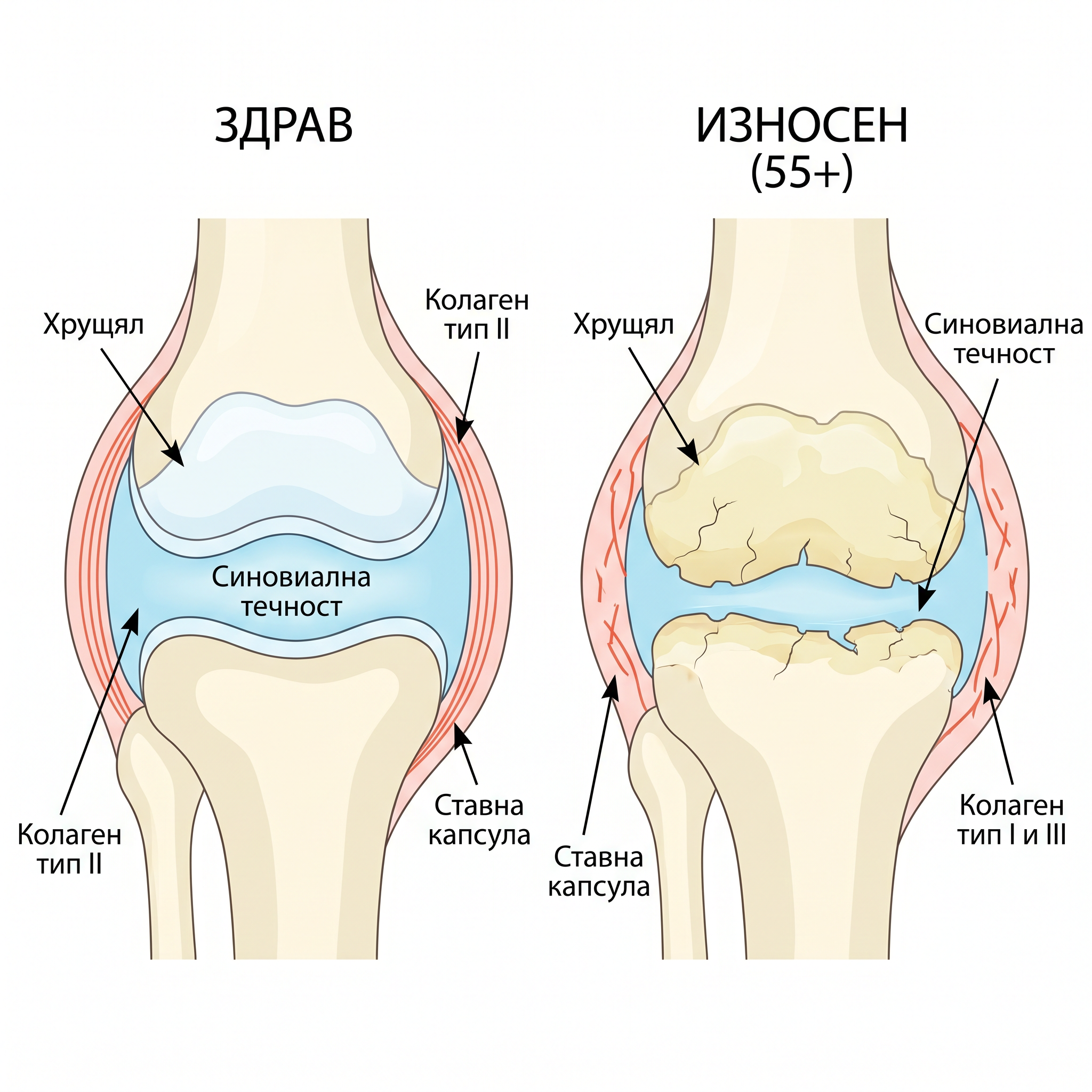 Анатомична схема на здрава и износена става