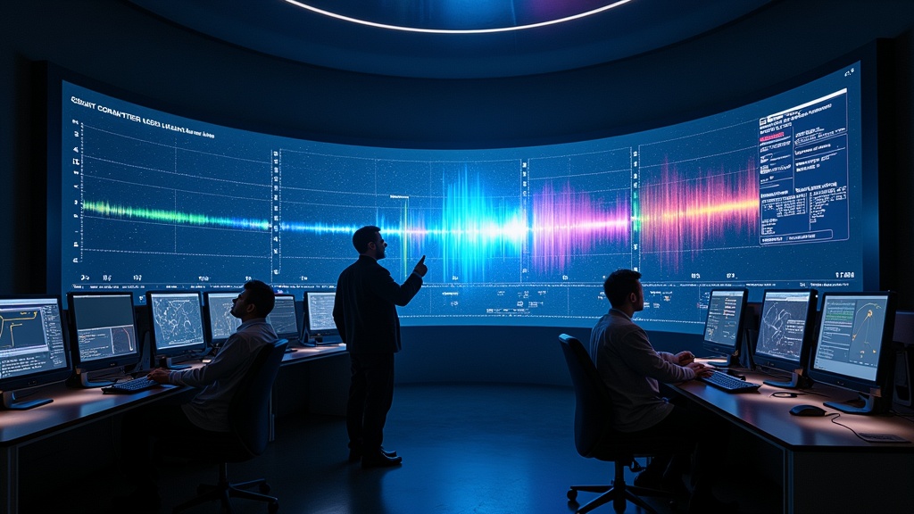 Astronomes analysant des spectres lumineux dans un laboratoire astronomique