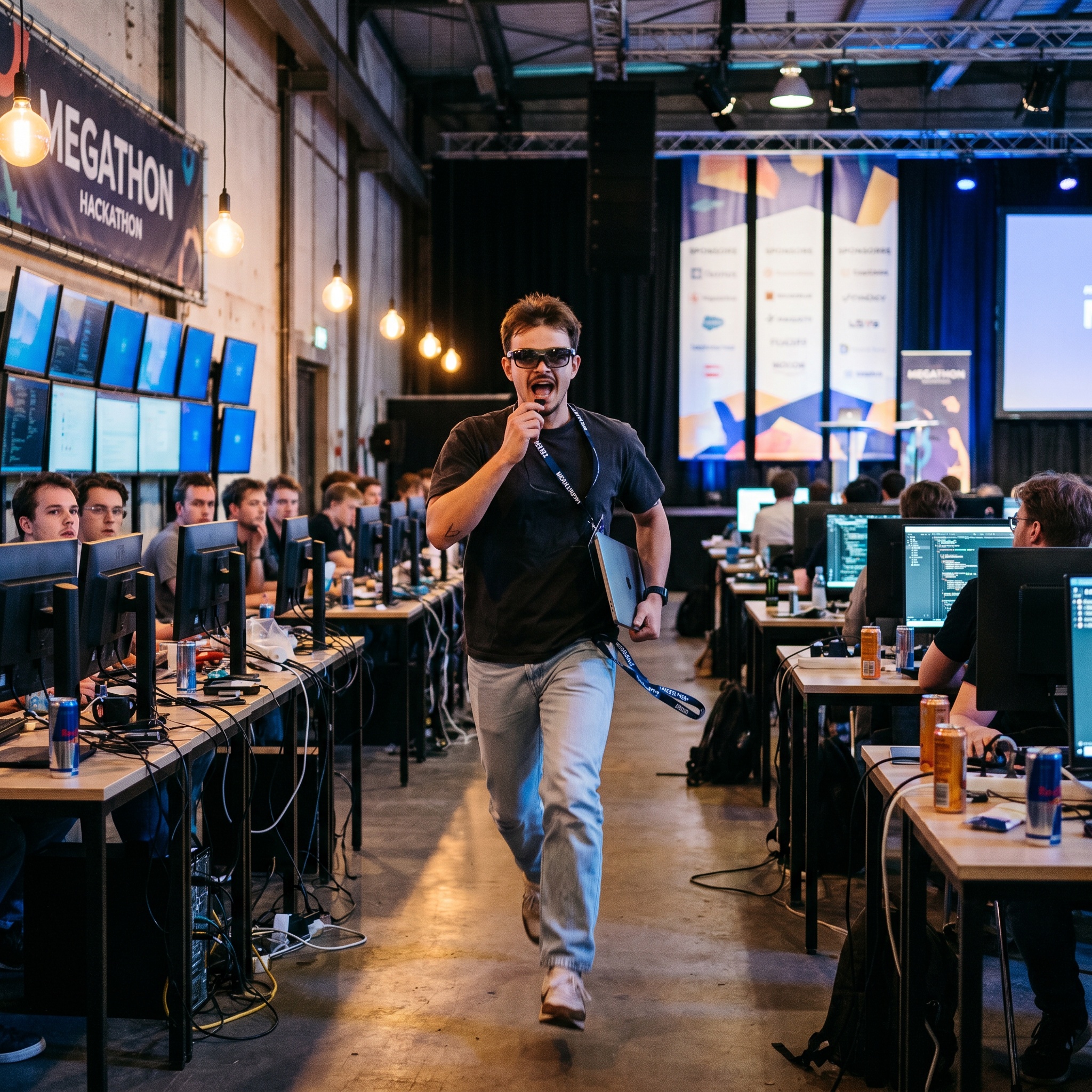 AMSTERDAM, MEGATHON 2026 — Lerai founder Tijs Nieuwboer reportedly shipped three commits per kilometre, collapsed near the mentor booth, asked for a Stripe key