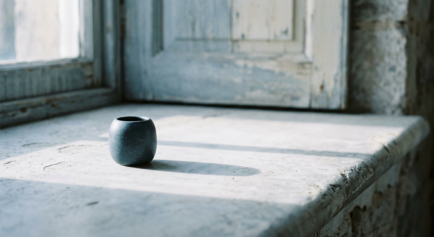 A small ceramic cup sitting alone on a worn windowsill in soft light.