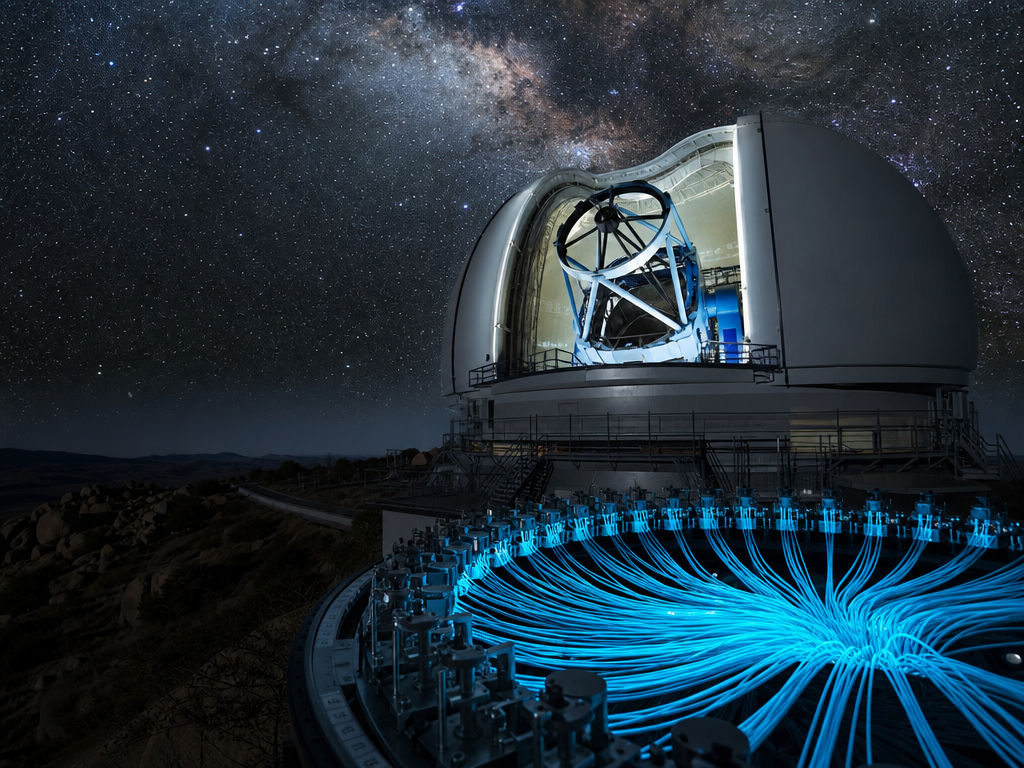 Télescope Mayall et le système de fibres optiques de DESI à Kitt Peak