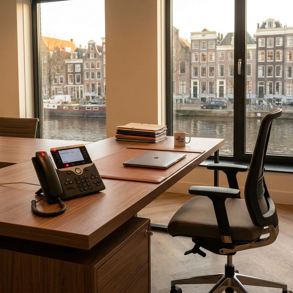 Leeg bureau met rinkelende telefoon die niemand opneemt