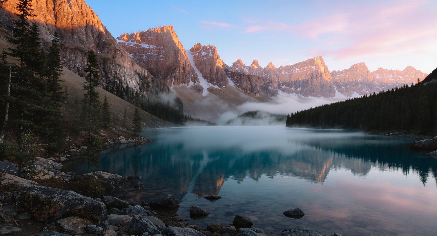 Mountain lake at dawn, soft pink and blue light over still water