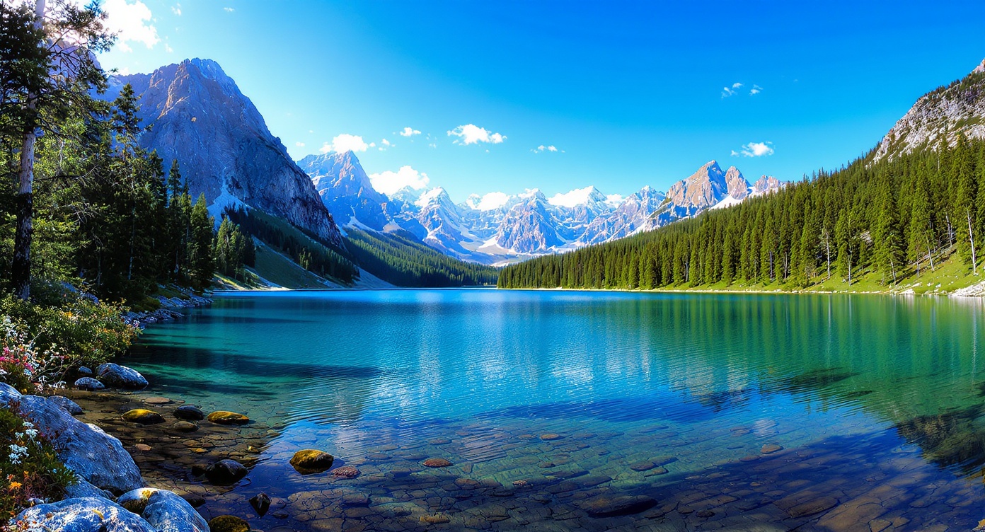 Mountain lake at noon, bright sun and clear blue sky reflecting on the surface
