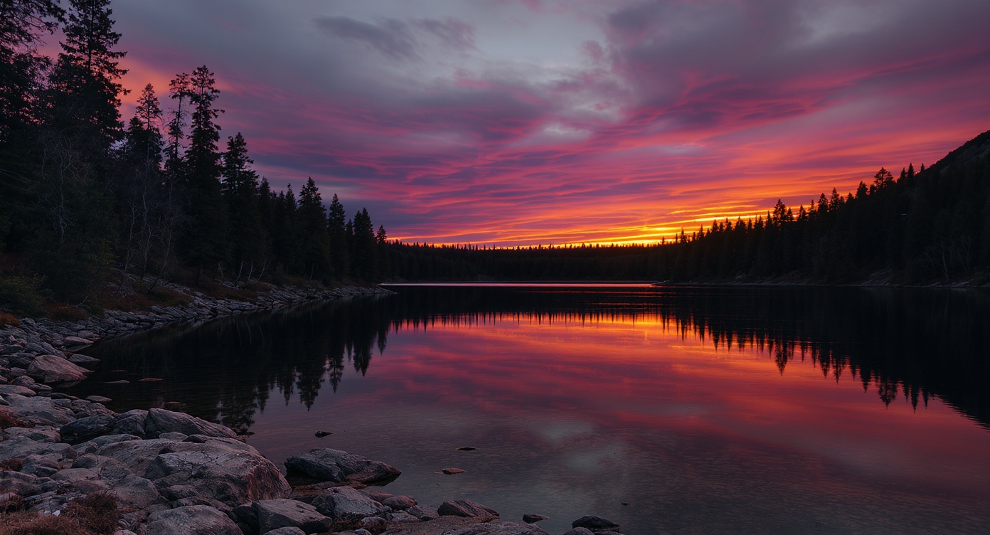 Mountain lake at dusk, warm amber and violet sky settling over the peaks