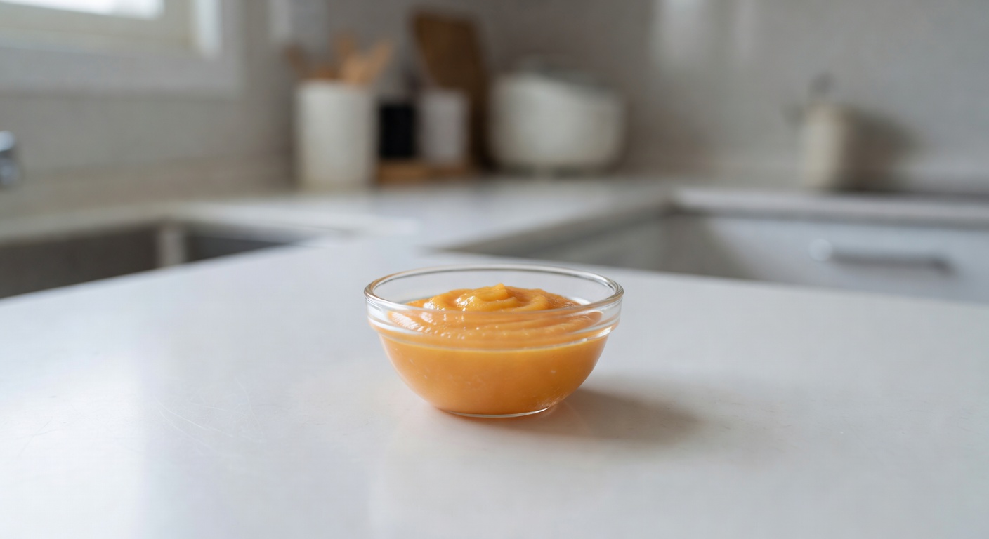 small glass bowl of pureed orange baby food on a white kitchen counter