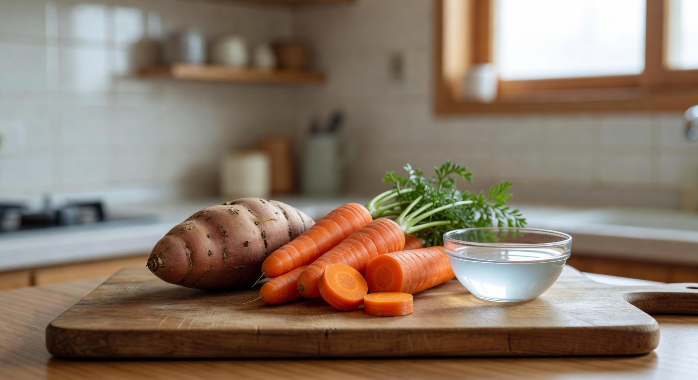 baby food ingredients including sweet potato and carrot laid out on a wooden cutting board