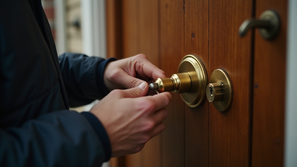 Technicien serrurier mobile effectuant un remplacement de serrure sur une porte résidentielle