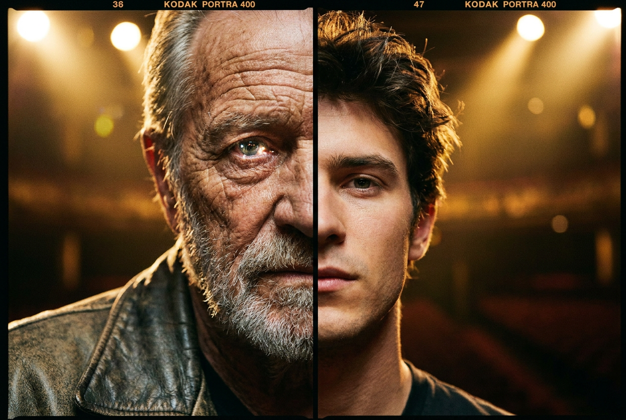alt text: A split-screen comparison showing an aging rock musician on one side and a youthful AI-generated version on the other, dramatic studio lighting with warm golden tones, close-up portrait framing showing detailed facial features