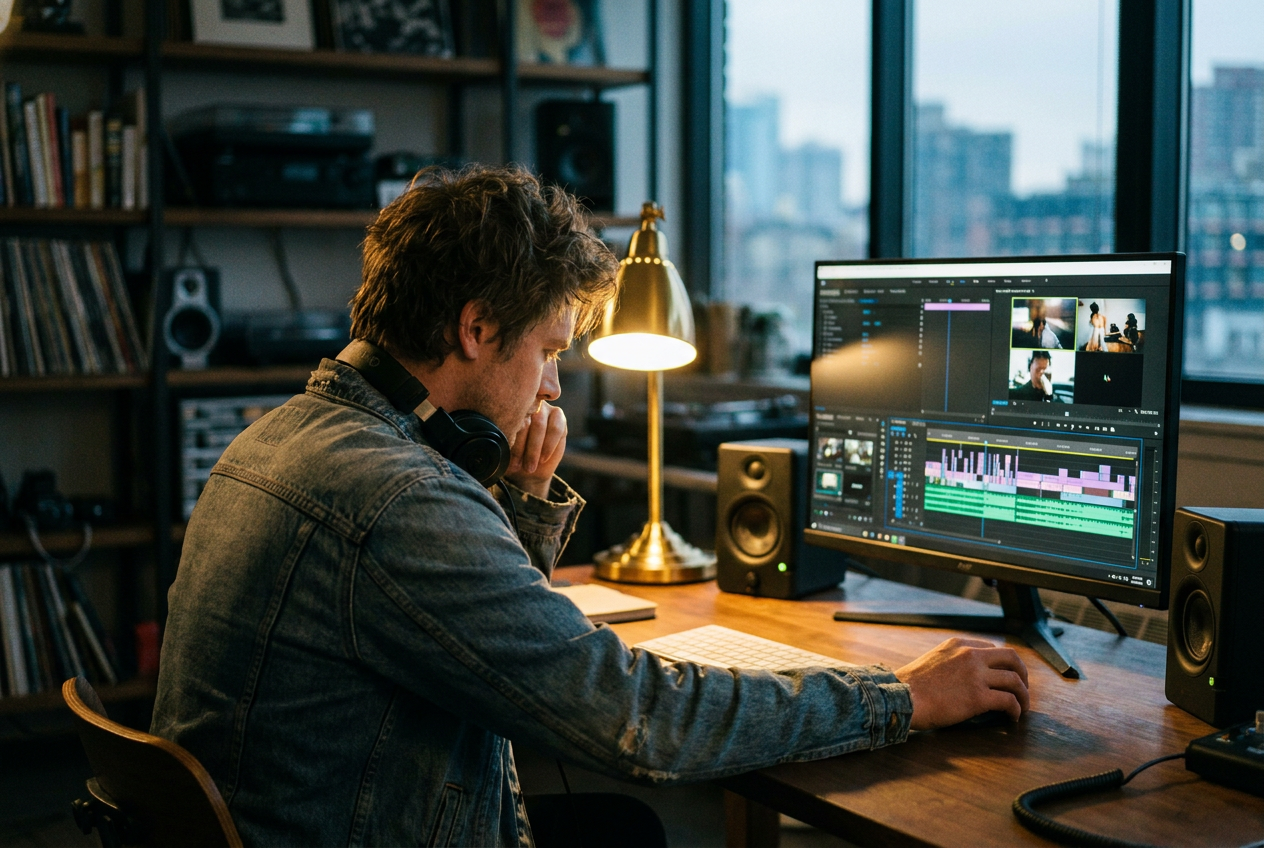 alt text: A musician working at a computer screen showing AI video editing software with a music video timeline, creative studio environment