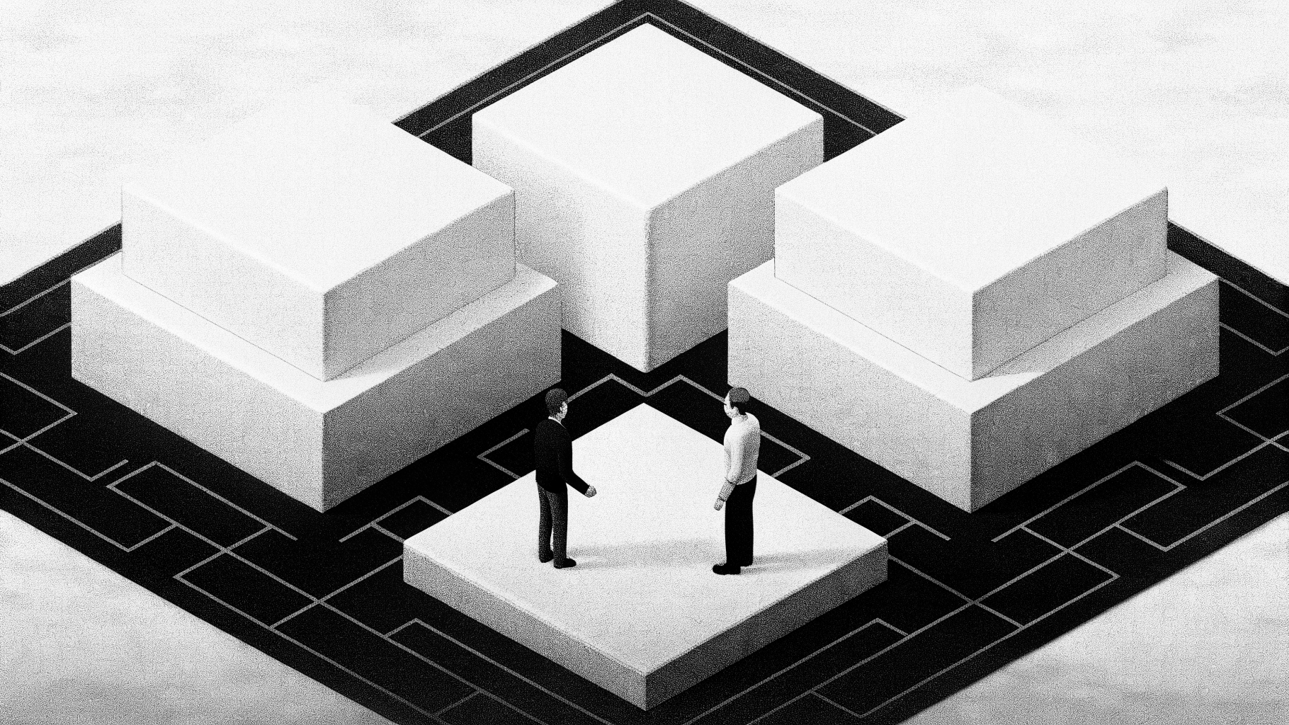 Paysage abstrait symbolisant les relations diplomatiques entre institutions