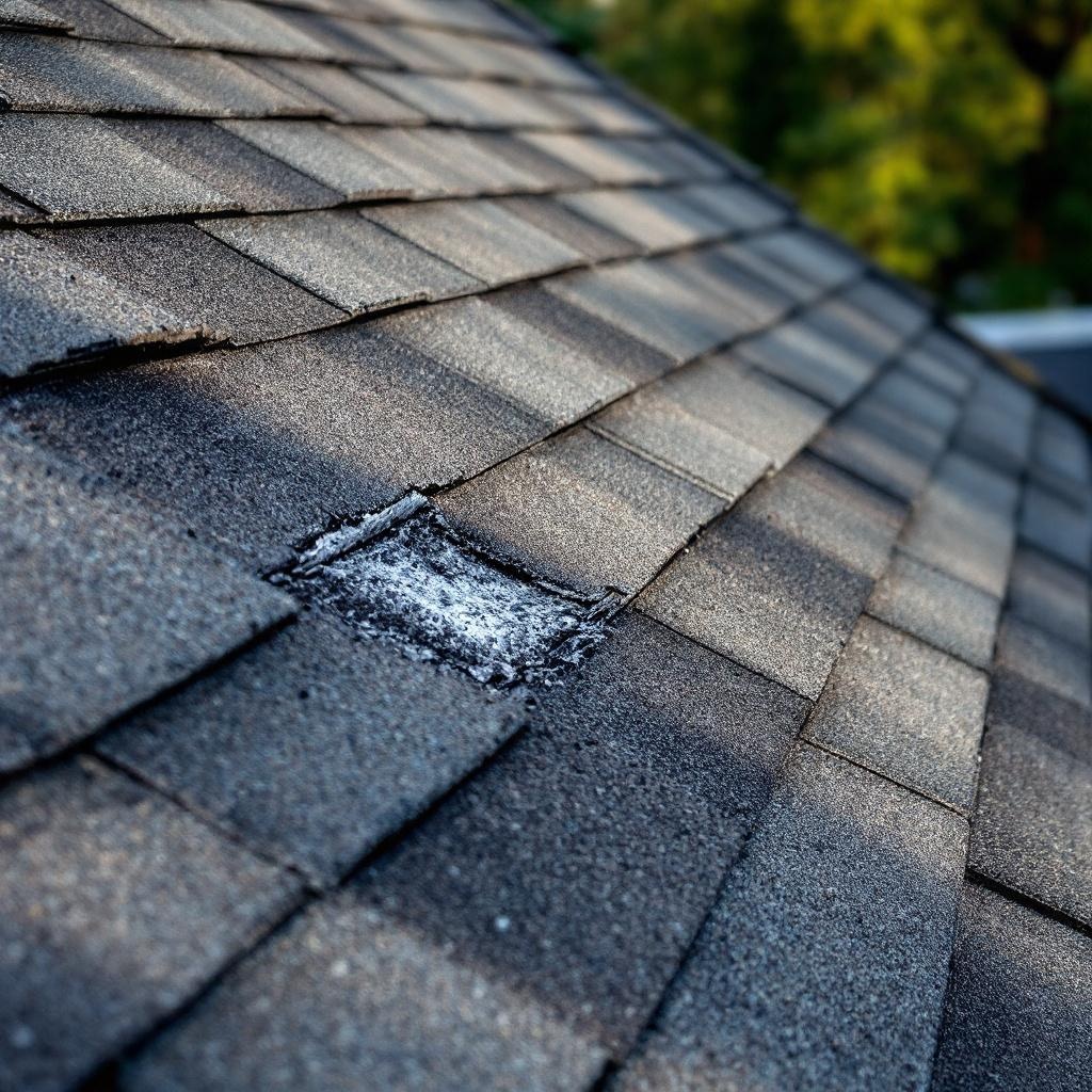 Connecticut asphalt roof with missing shingle near repair decision area