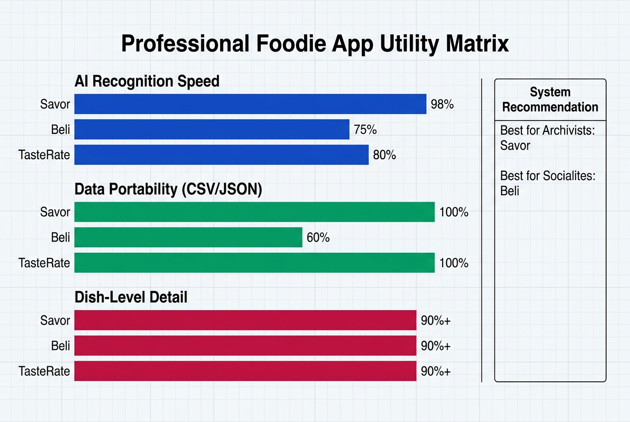 Horizontal bar chart comparing food apps on AI recognition speed, data portability, and dish-level detail for serious foodies.