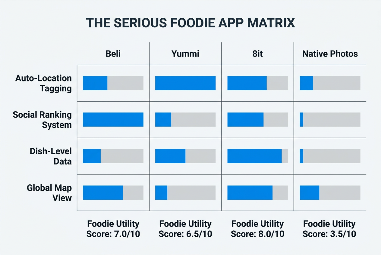 Comparison chart of Beli, Yummi, and 8it apps showing features like auto-location tagging, social ranking, and dish-level data for foodies