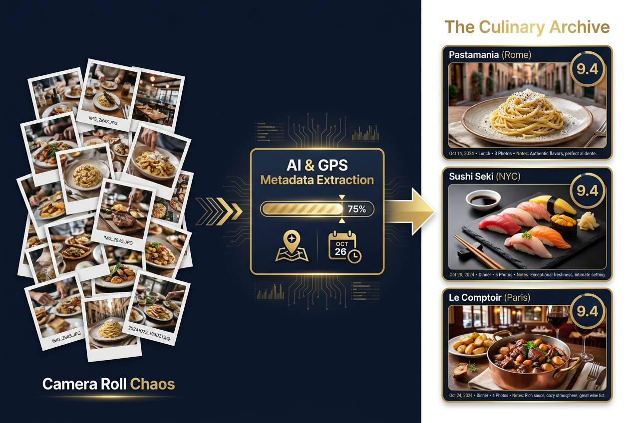 Infographic showing the process of converting a messy camera roll into an organized food diary using AI metadata and location tagging