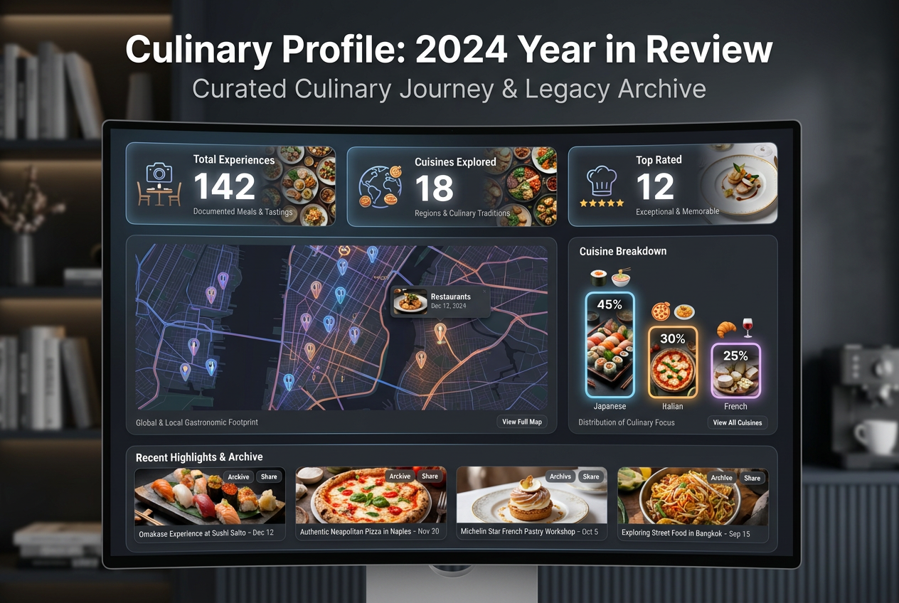 A professional food portfolio dashboard showing statistics for total restaurants visited, cuisines explored, and a map of dining locations