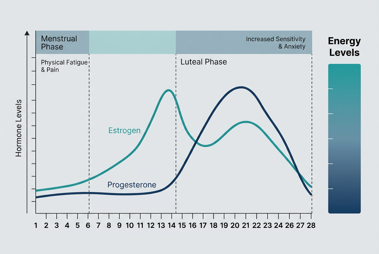 An educational hormone cycle chart for men showing Estrogen and Progesterone dips during the Luteal and Menstrual phases to explain partner fatigue.