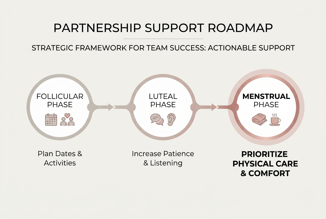 A relationship support roadmap showing how to adjust communication and planning based on the different phases of a partner’s menstrual cycle.
