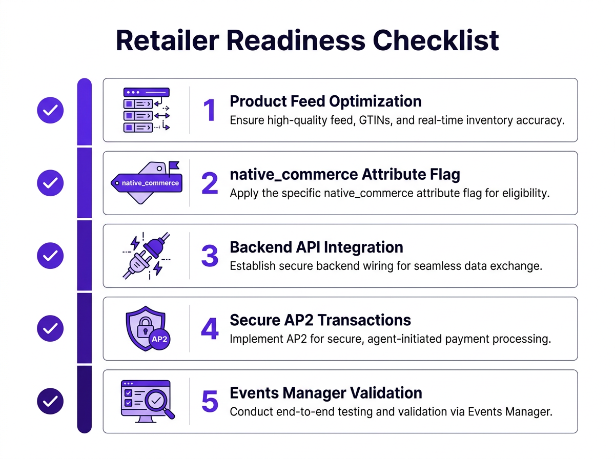 Retailer readiness checklist for Google UCP integration with product feed, endpoint, and payment steps