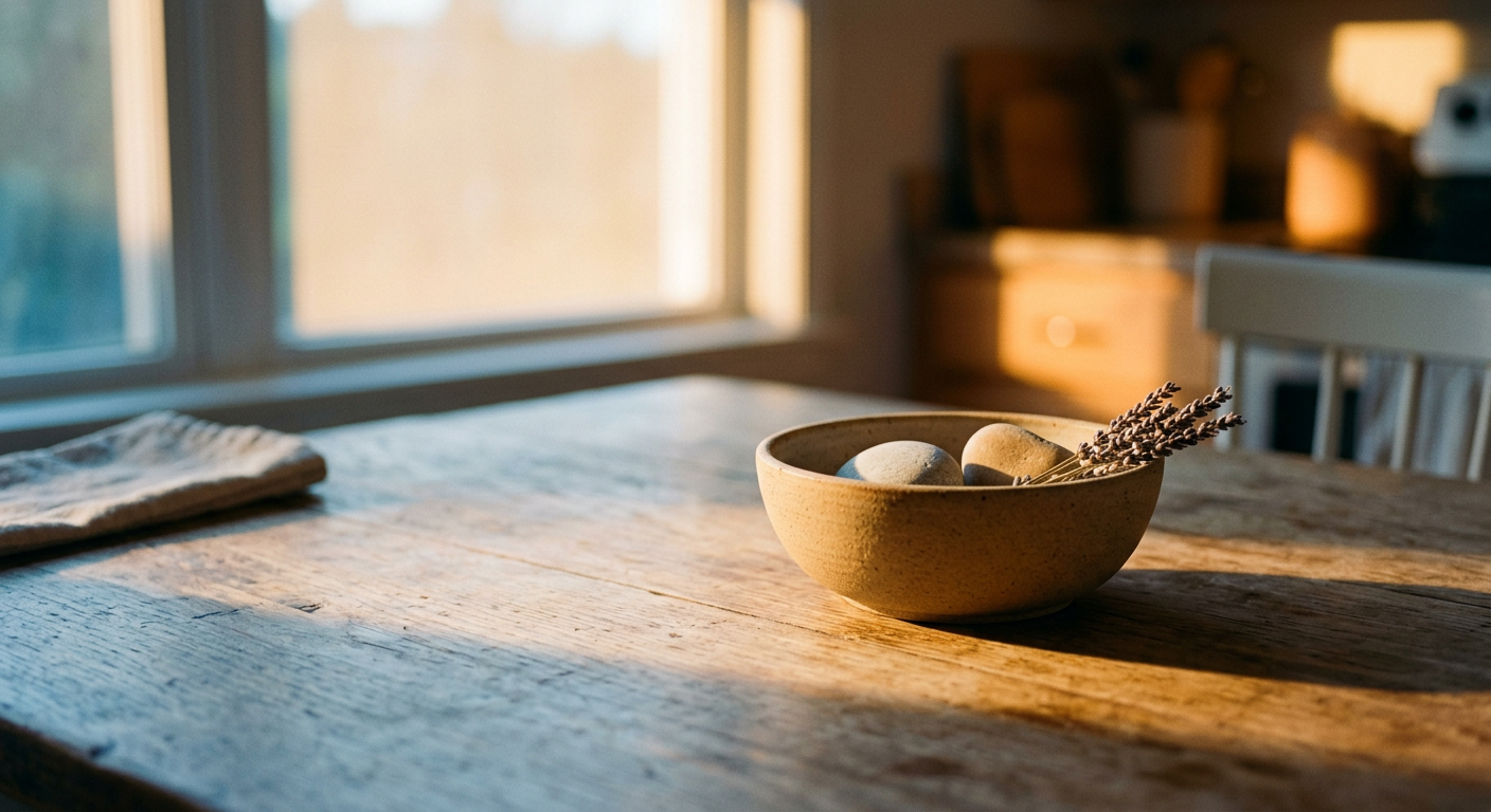 A sunlit wooden table with a simple bowl and a lot of open space around it.