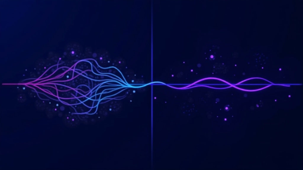 Abstract illustration of workflow optimization, dark navy backdrop with tangled chaotic cyan lines on left transforming