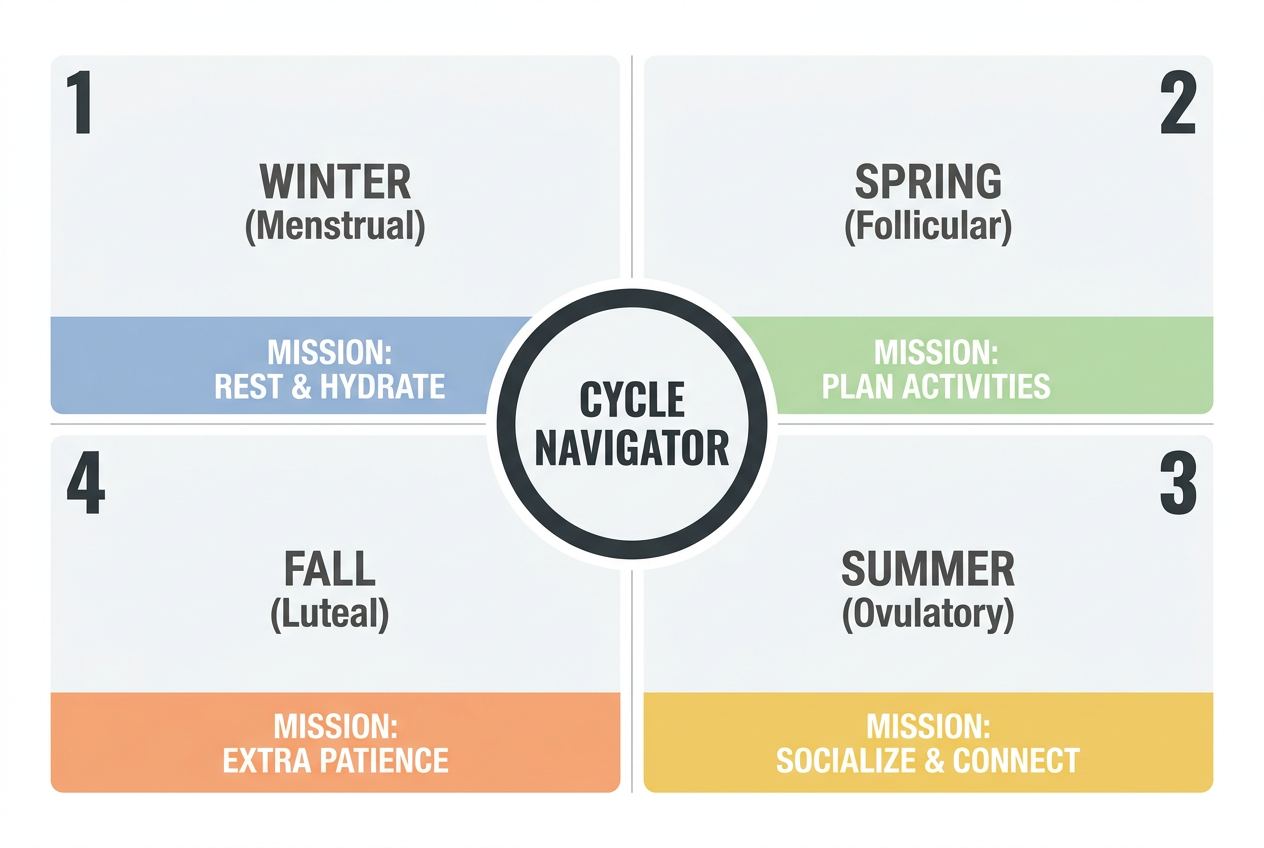 Infographic showing the four phases of a menstrual cycle (Winter, Spring, Summer, Fall) with specific mission-based advice for supportive partners.