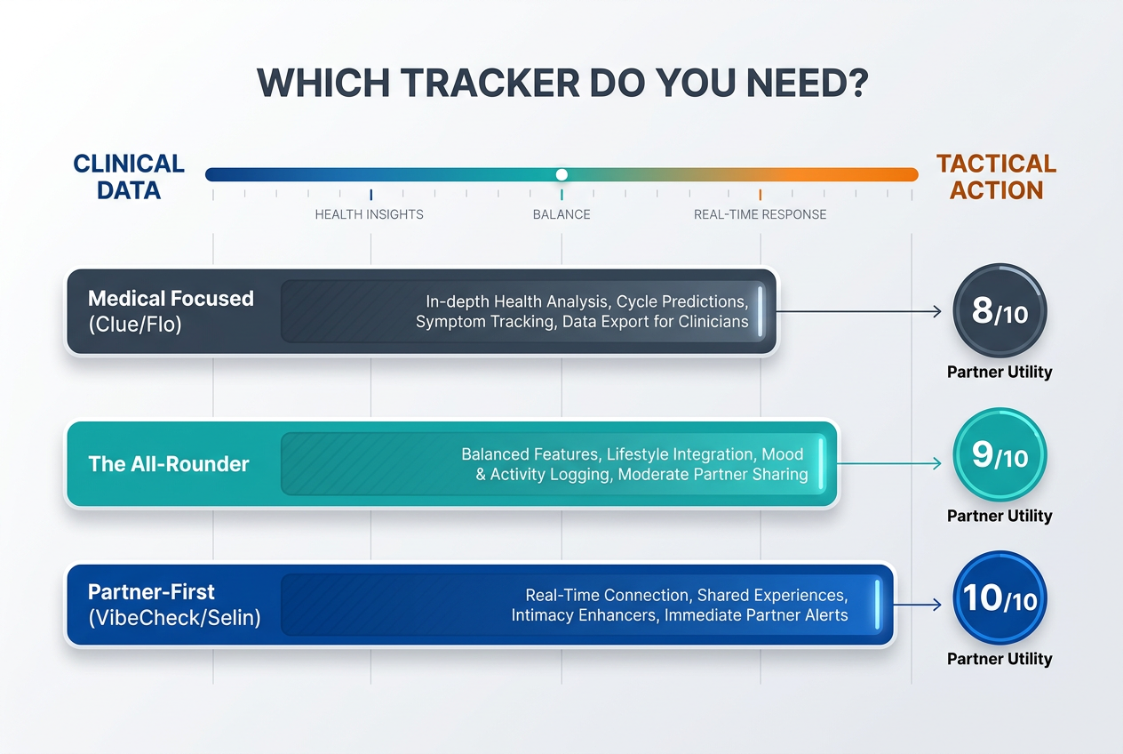 A comparison chart positioning period tracking apps on a scale from clinical medical data to tactical partner-focused relationship support.