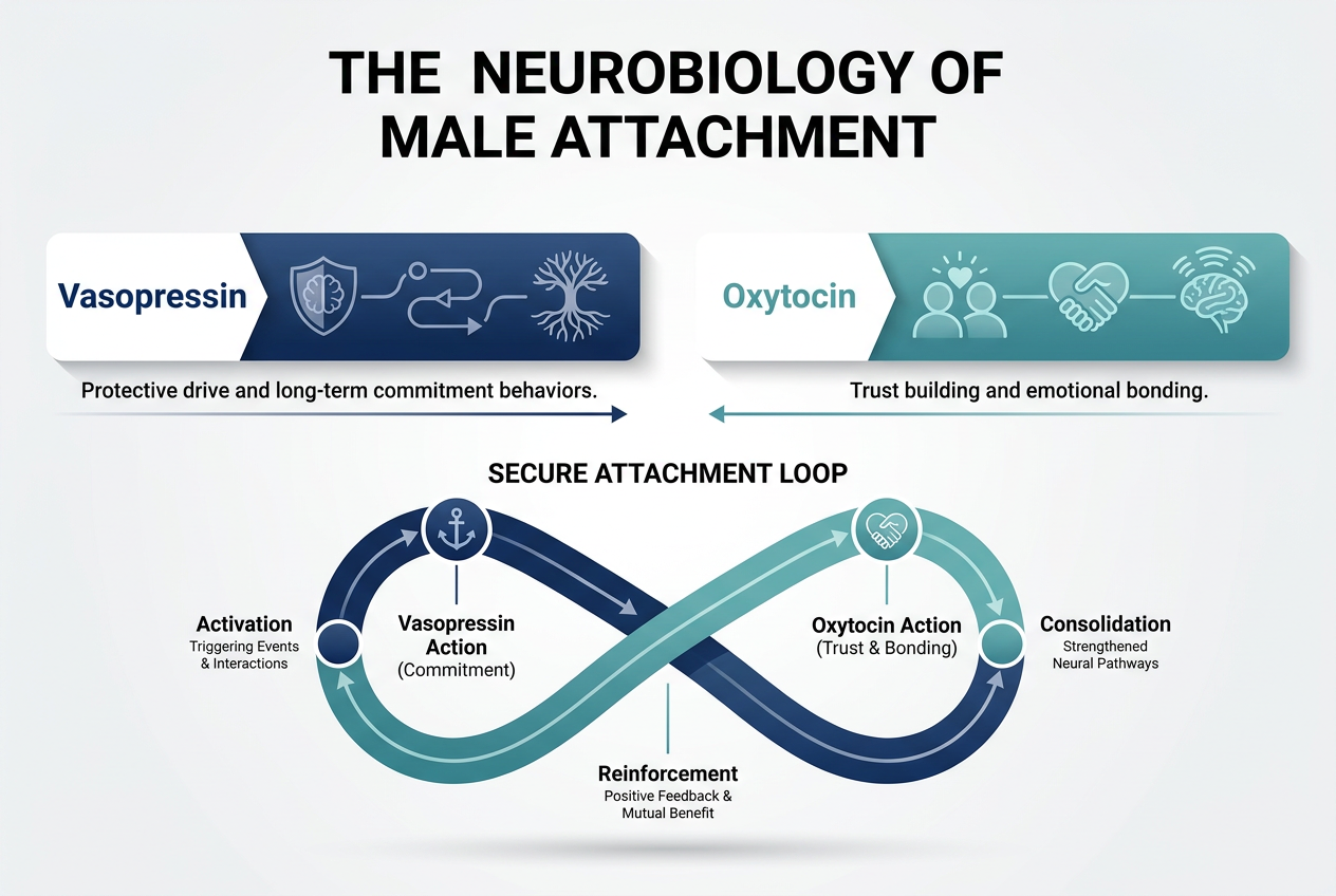Infographic showing the neurobiology of male attachment, comparing the roles of Vasopressin and Oxytocin in relationship bonding and commitment.
