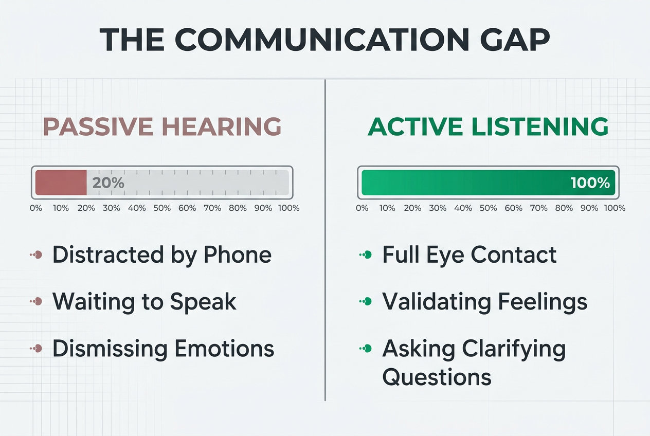A comparison chart between passive hearing and active listening in relationships, highlighting the differences in engagement and emotional validation.