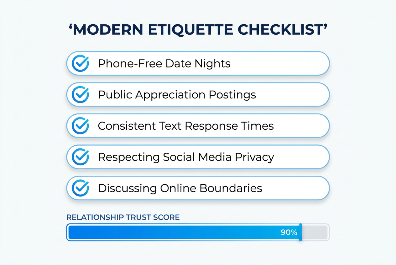 A digital etiquette checklist for boyfriends, outlining social media boundaries, phone-free communication habits, and online privacy respect.